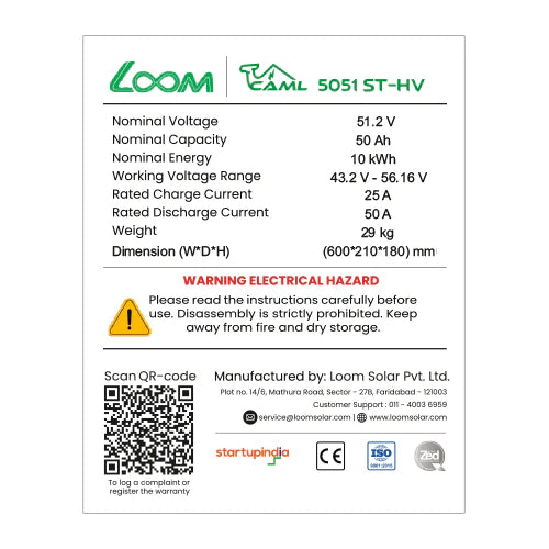 CAML 50 Ah, 204.8 V  10 kWh High-Voltage Stackable Lithium Battery
