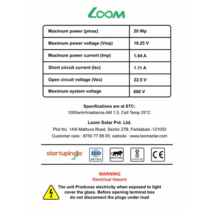 Loom Solar 20 Wp, 12 V PV Module for Small Battery Charging & DIY Projects