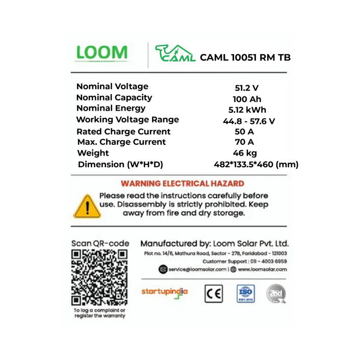 CAML 51.2 V 100 Ah, 5.12 kWh Rack-Mount Lithium Battery