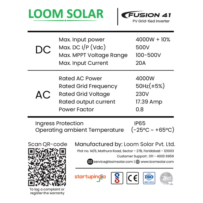 Fusion 4 kw, 1 ø on grid solar inverter