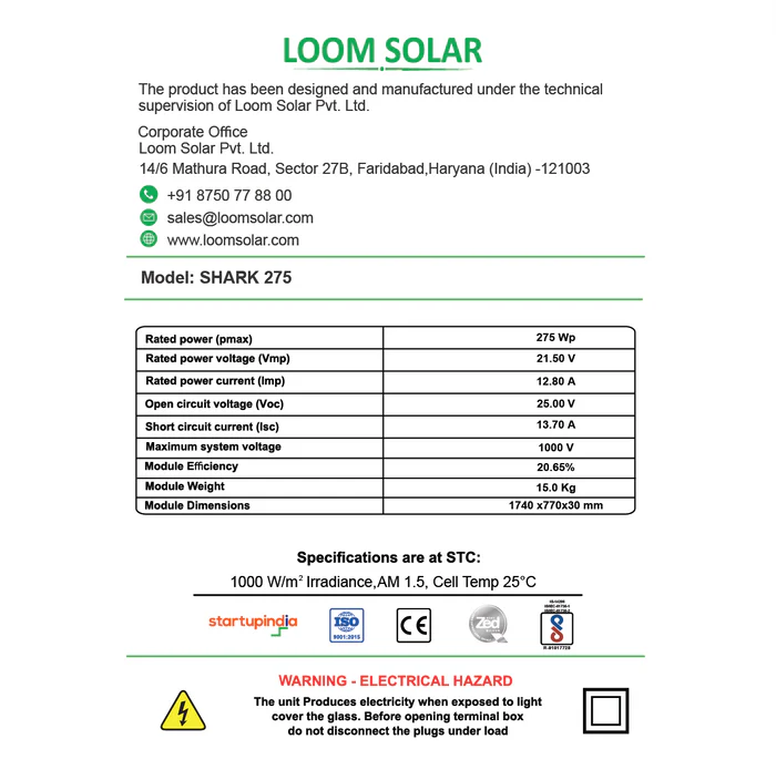 Loom Solar Mono PERC, Half Cut 275 Wp, 12 V Solar Panel for Inverter Battery Charging
