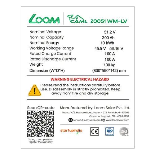 CAML 51.2 V 200 Ah, 10.24 kWh LiFePO4 Battery - Wall Mount